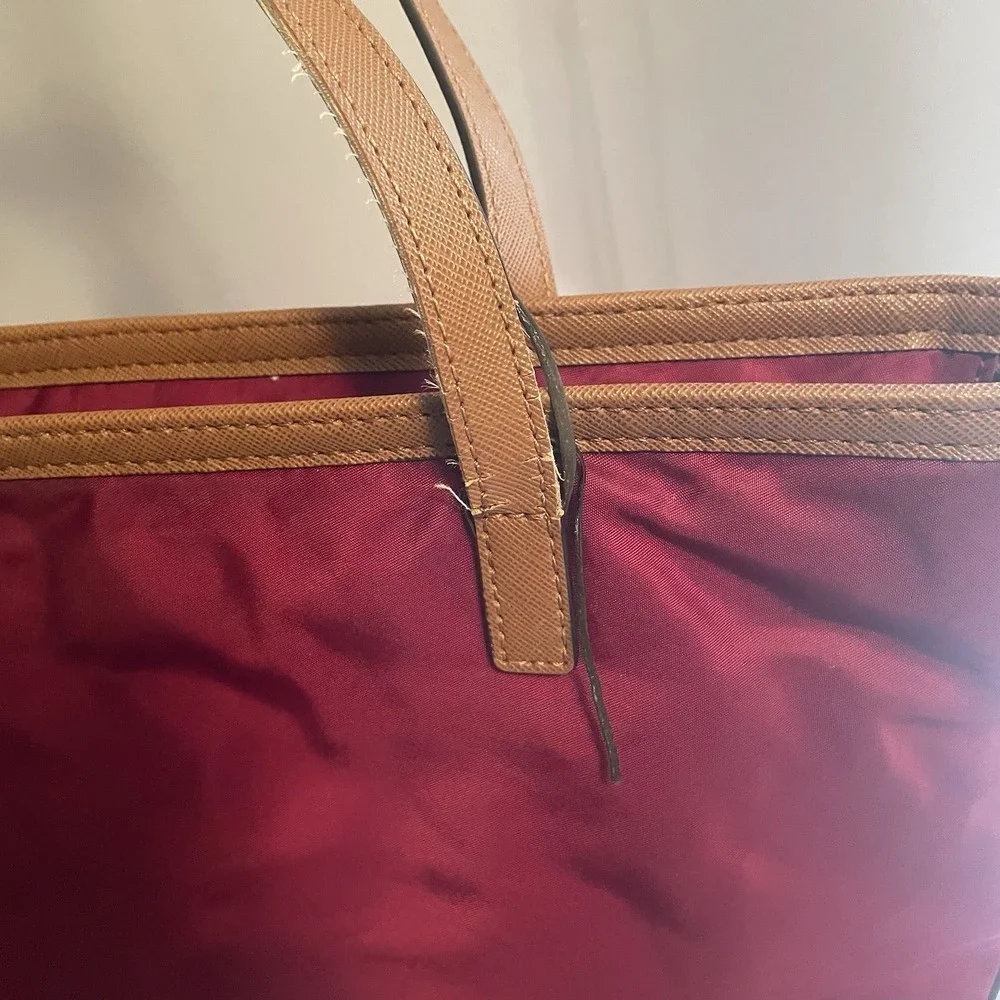 Michael Kors Kempton Nylon Satchel Tote Purse Shoulder Bag in Maroon & Brown - Picture 13 of 16